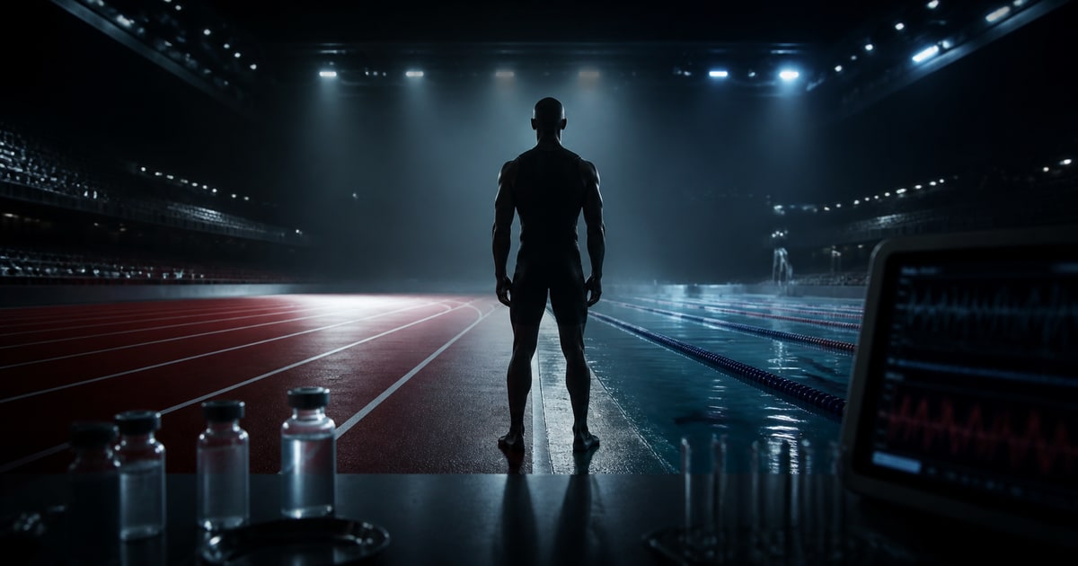 An elite sprinter under stadium lights beside medical and performance-monitoring equipment