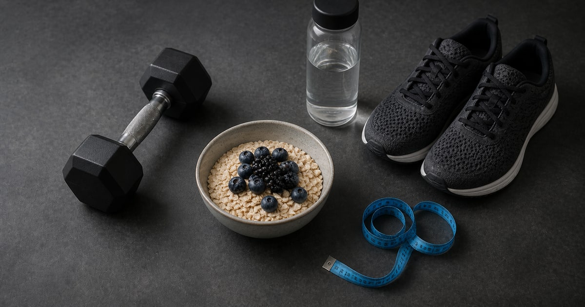 Una mancuerna negra, unas zapatillas de correr oscuras, una botella de agua, avena con frutos rojos y una cinta métrica azul sobre una superficie de color carbón