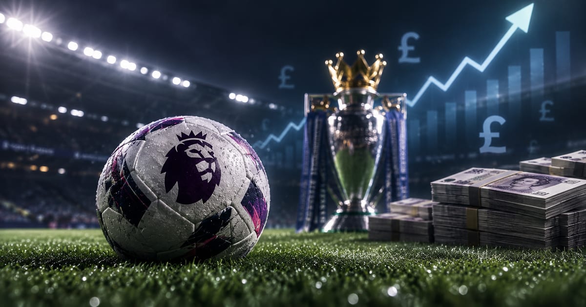 Bulanık bir skorbordun önünde, çim sahada duran bir futbol topu; skorbordda büyük transfer bedeli rakamları görünüyor