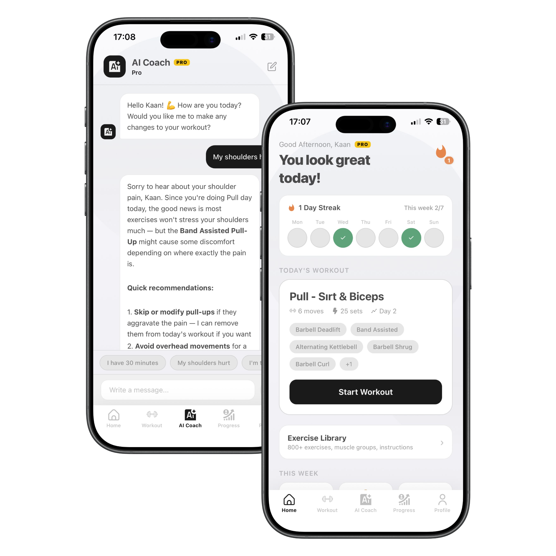 Fcoach app shown on two iPhones — home screen and exercise detail