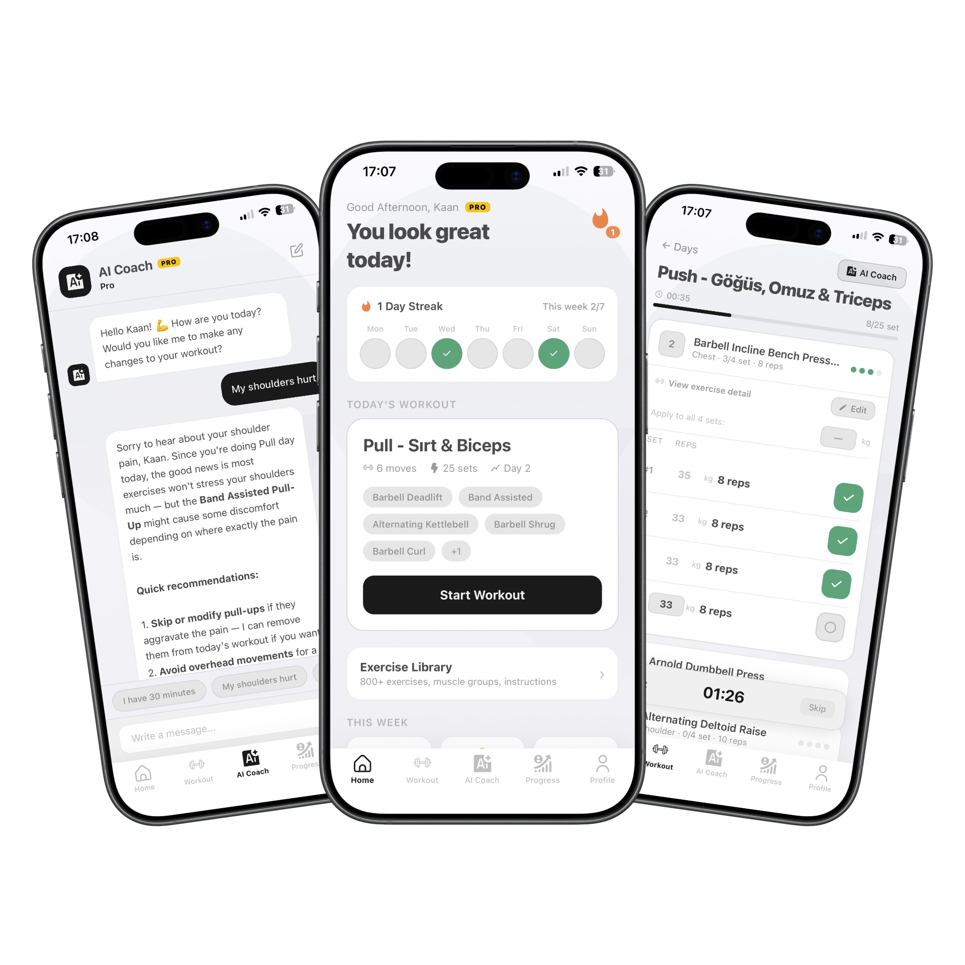 Three phones showing the Home, Workout and AI Coach screens